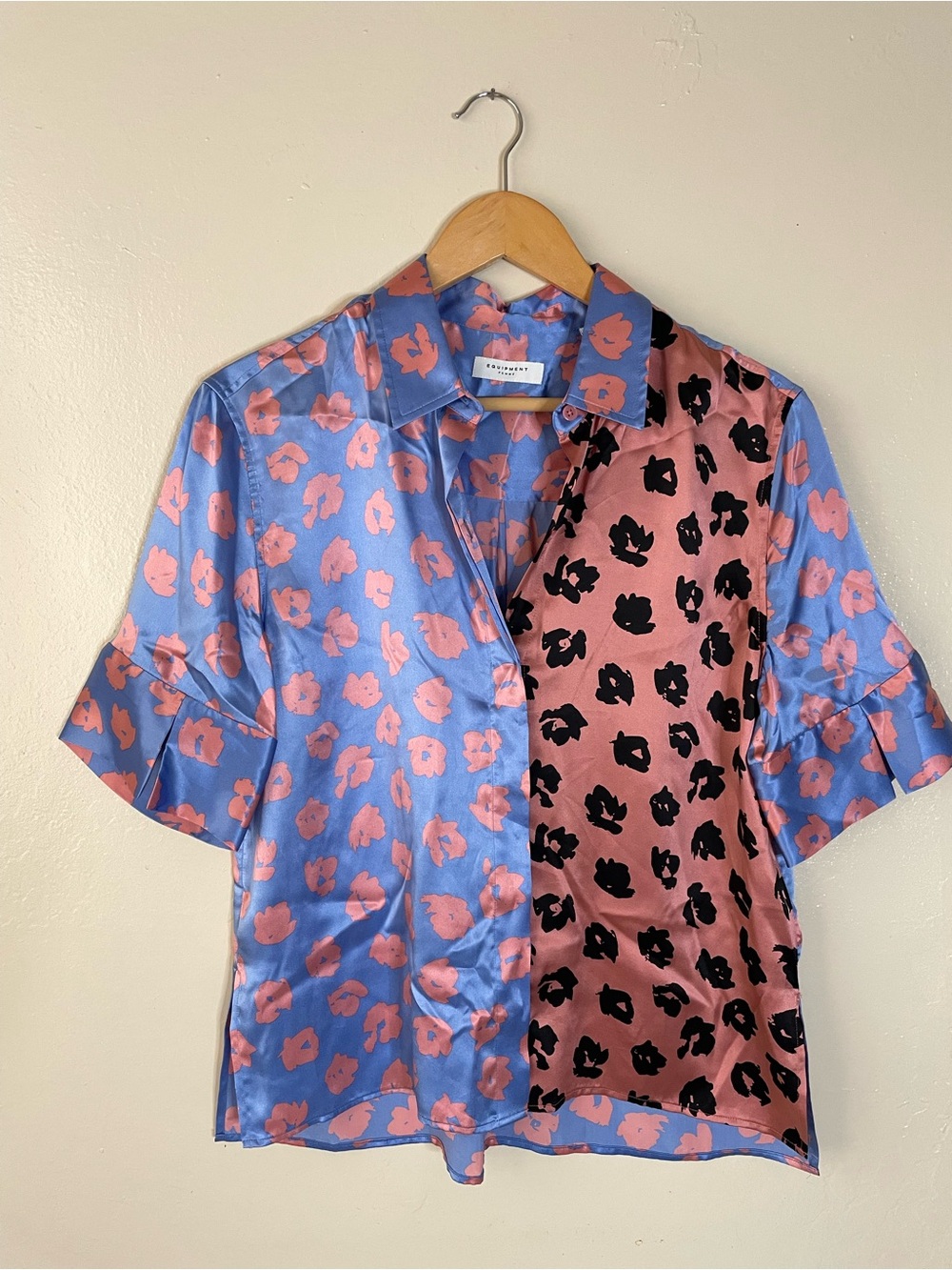 Equipment Two-Tone Floral Silk Satin Button-Down Shirt in Blue & Pink